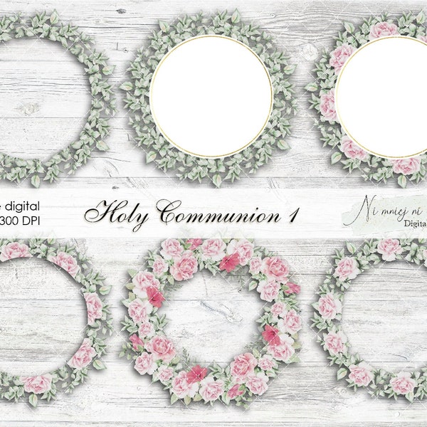 Holy Communion 1 wreaths, pink flowers wreath, PNG wreaths for invitations, communion pink flowers, wedding communion card making