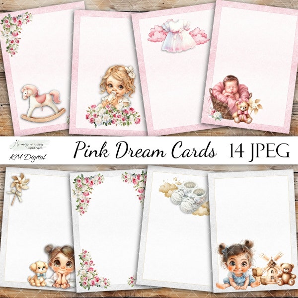 Pink Dreams cards collection, printable baby digital papers, 7' x 5' JPEG paper pack, papers for little girl, sweet pink birthday tags