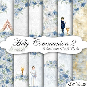 Holy Communion 2 collection, printable digital paper, blue scrapbooking paper pack, downloadable 12" x 12" floral blue gray gold papers