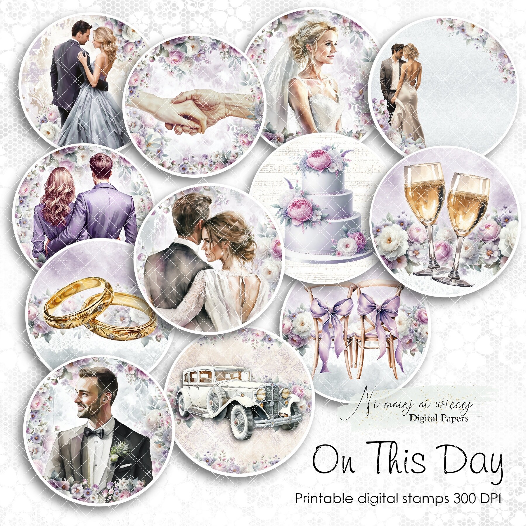 On This Day 2 Floral Collection of Digital Stamps, Printable Wedding Kit, Scrapbooking, Violet ...