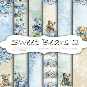 Sweet Bears 2 collection, printable digital papers with teddy bears for kids, papers for baby boy, blue, green and beige child graphics