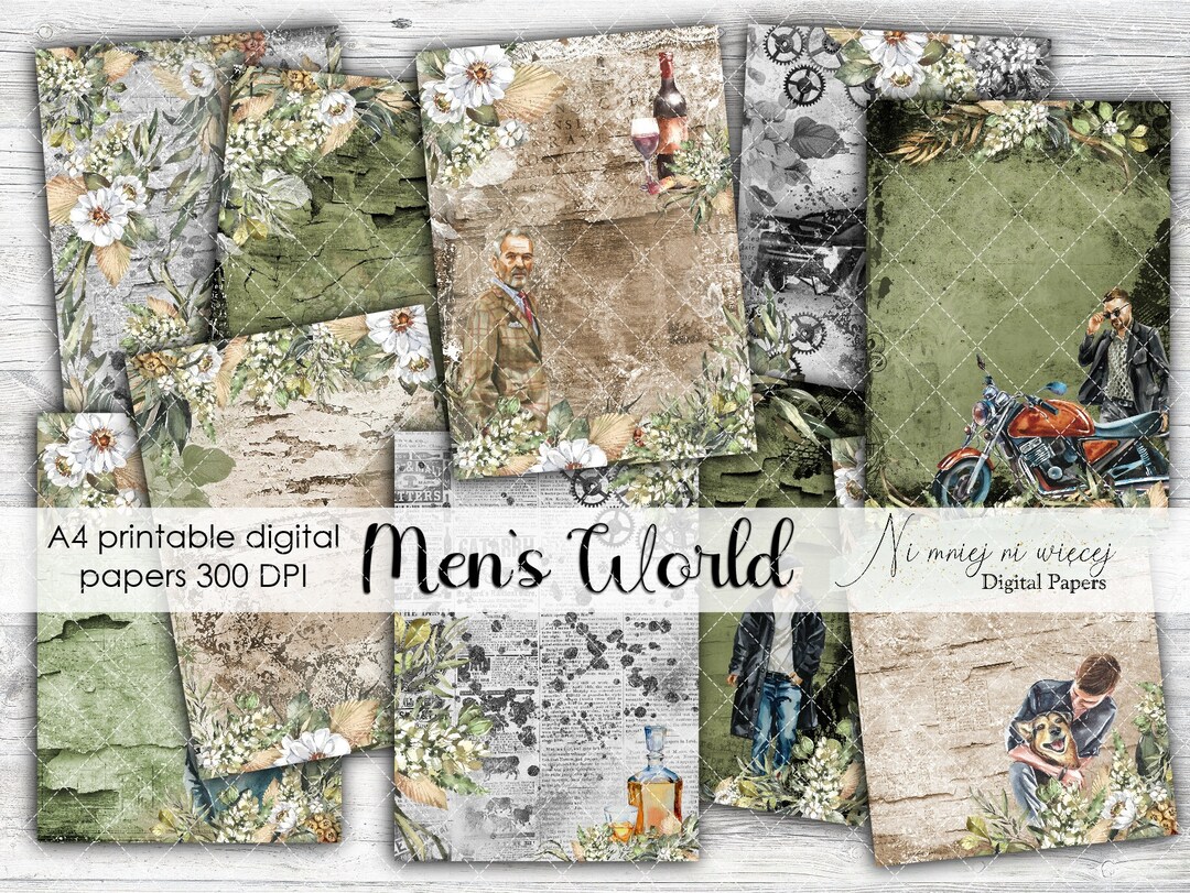 A4 Men's World Collection, Printable Digital Papers, JPEG Paper Pack