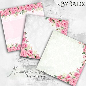 12 digital papers, Pink Afflation collection, pink peonies scrapbooking paper pack, downloadable 12 x 12 floral green gray pink papers zdjęcie 3