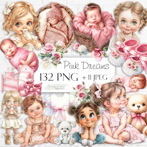 Pink Dreams BIG BUNDLE collection of PNG watercolor cliparts, pink digital cliparts for little girl, A4 sheets of images, newborn and kids