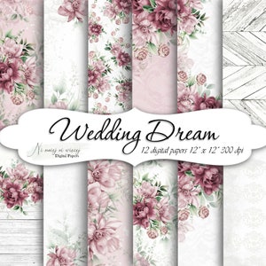 Wedding Dream collection, printable wedding digital papers, JPEG paper pack, white digital papers with peonies