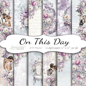 On This Day wedding collection, printable violet digital papers, JPEG scrapbooking paper pack, wedding peony floral papers