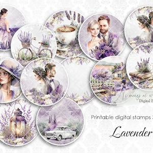 Lavender collection of circle stamps, printable sctapbooking tags, violet cupcake PNG toppers, junk journal embellishment kit