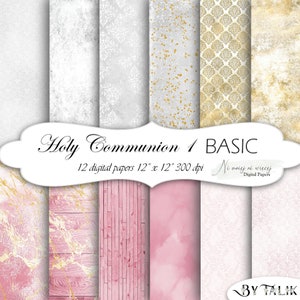 Może przedstawiać: Dwunastu cyfrowych papierów w różnych wzorach i kolorach, w tym białym, złotym, różowym i imitującym drewno. Papiery mają rozmiar 30,5 cm x 30,5 cm i rozdzielczość 300 dpi. Tekst "Holy Communion 1 BASIC" znajduje się w górnej części obrazu. Tekst "Ni mniej ni wiecy Digital Papers" znajduje się w dolnej części obrazu.
