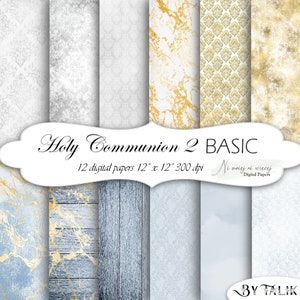 BASIC Holy Communion 2 collection of digital background, printable 12" x 12" digital paper, scrapbooking gray gold white blue papers, damask