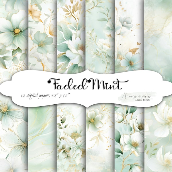 Faded Mint collection, woman's papers, junk journal floral papers, mint, green scrapbook papers perfect for cardmaking