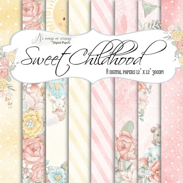 Sweet Childhood pink and yellow collection, girls floral digital papers, cute animals digital papers, birthday papers with balloons