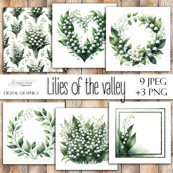 Lilies of the valley - invitation frames, printable digital wreaths and hearts for scrapbooking, downloadable green frames