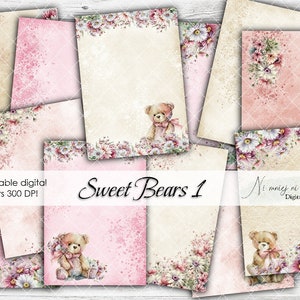 A4 Sweet Bears 1 collection, printable digital papers with teddy bears for kids, papers for baby girl, pink beige child graphics, journal