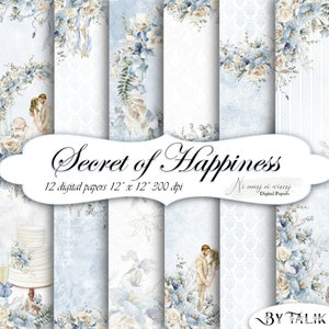Secret of Happiness collection, printable wedding digital papers, JPEG scrapbooking paper pack, blue digital papers with flowers