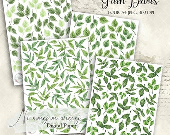 Green leaves collection, JPEG printable leaves, A4 set of digital cliparts, green watercolor leaves, only for printed projects