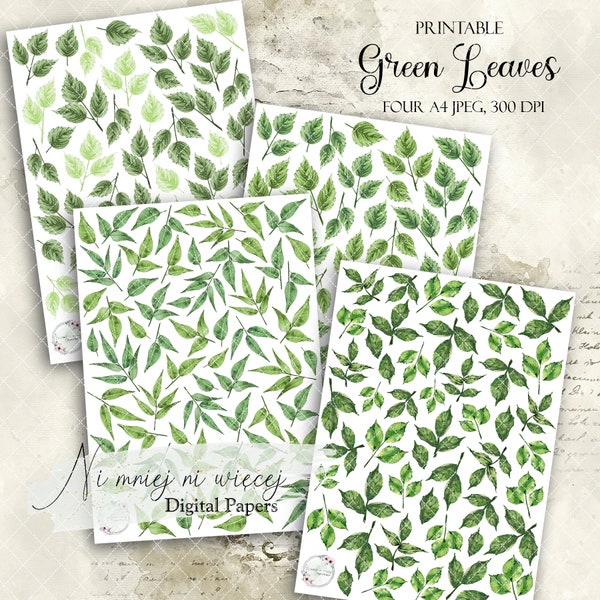 Green leaves collection, JPEG printable leaves, A4 set of digital cliparts, green watercolor leaves, only for printed projects