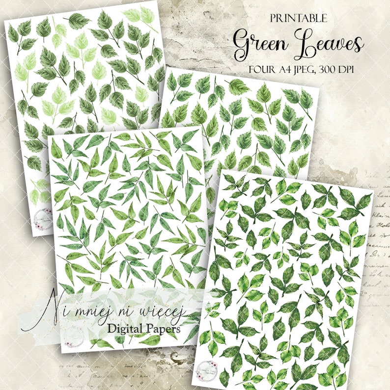 Green leaves collection, JPEG printable leaves, A4 set of digital cliparts, green watercolor leaves, only for printed projects Bild 1