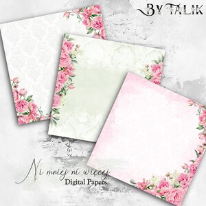 12 digital papers, Pink Afflation collection, pink peonies scrapbooking paper pack, downloadable 12 x 12 floral green gray pink papers zdjęcie 4