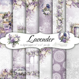 Lavender collection, printable digital papers, JPEG scrapbooking paper pack, gray, violet digital papers with lavender, roses and landscape