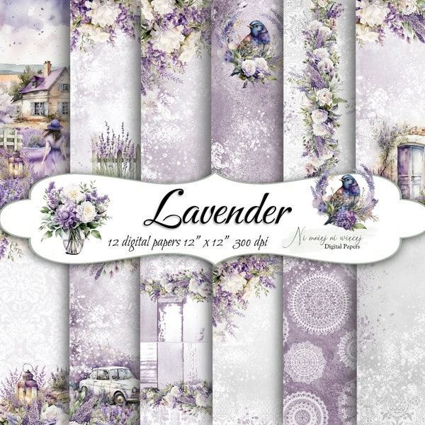 Lavender collection, printable digital papers, JPEG scrapbooking paper pack, gray, violet digital papers with lavender, roses and landscape