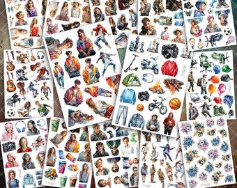 Teenager-  collection of graphics, watercolor cliparts, JPEG ready to print and cut files with teenagers and hobbys