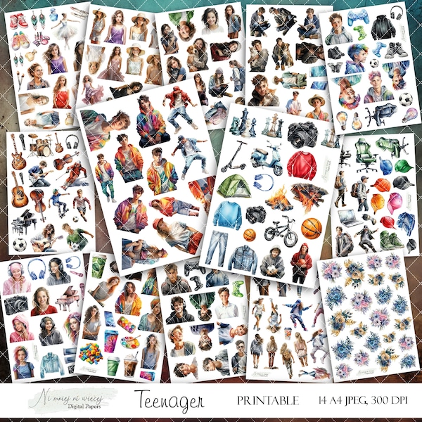 Teenager-  collection of graphics, watercolor cliparts, JPEG ready to print and cut files with teenagers and hobbys