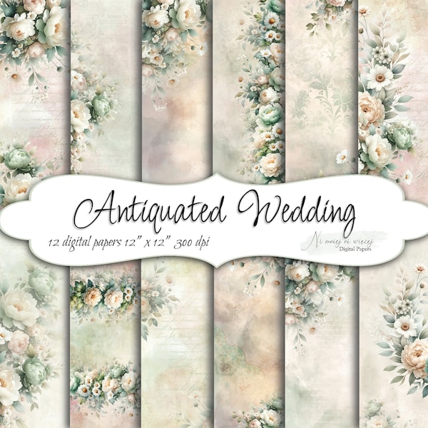 Antiquated wedding collection, printable old style digital papers, JPEG scrapbooking paper pack, vintage, retro, floral papers