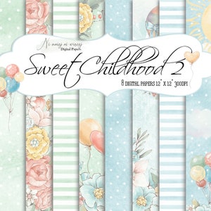 Sweet Childhood blue and green collection, kids floral digital papers, cute animals digital papers for boys, birthday papers with baloons