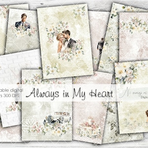 A4 Always in My Heart 1 collection, printable wedding digital papers, JPEG scrapbooking paper pack, soft digital papers with bride and groom