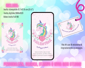 Invitación de cumpleaños de Unicornio personalizable e imprimible, invitación a fiesta digital, plantilla de unicornio para fiesta de cumpleaños de niñas