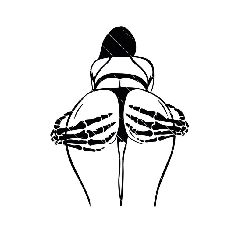May include: Black and white illustration of a person with skeletal hands on their hips.