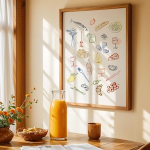 Retro Dinner Table Print Jedzenie i napoje Ilustracja Kolorowa sztuka ścienna do kuchni Minimalistyczny wózek barowy Wystrój kuchni Pobieranie cyfrowe