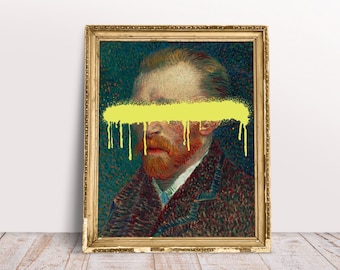 Vincent Van Gogh Portrait Wall Art, Altered Renaissance Art Print, Neon Graffiti Yellow, Eclectic Wall Art, Famous Oil Painting, Printable