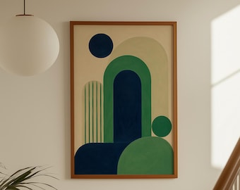Arte mural abstracto en verde y azul, lámina de arco moderno, póster de formas geométricas, decoración minimalista de pared para el hogar de mediados de siglo, descarga digital.