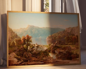 Pintura al óleo de paisaje otoñal, decoración vintage para el hogar, pintura de lago otoñal, arte mural con paisaje otoñal, impresión artística de otoño melancólico, arte mural imprimible