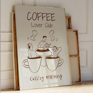 Retro koffieclub print, koffie muurkunst, keuken muurkunst, keuken eetkamer decor, trendy handgetekende keuken print, digitale download