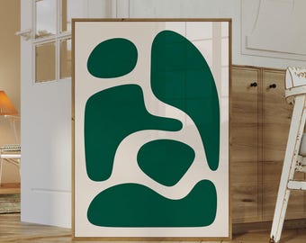 Lámina con formas orgánicas abstractas verdes, arte mural de estilo moderno de mediados de siglo (descarga digital)