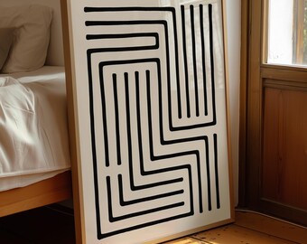 Arte mural abstracto en blanco y negro, lámina geométrica minimalista, póster de laberinto moderno, decoración escandinava neutra para el hogar, descarga digital.