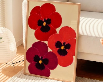Estampado de amapolas rojas, póster botánico, pintura floral llamativa, arte abstracto floral para pared, decoración moderna para el hogar, descarga digital.