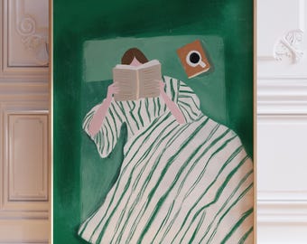 Green Woman Reading in Bed Poster Female Abstract Print Book & Coffee Print Trendy Reading Poster Contemporary Art Modern Decor Printable