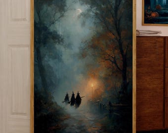 Witches in Dark Forest Wall Art, Witchy Wall Art, Vintage Halloween Wall Art, Spooky Poster, Halloween Dark Academia Decor, Digital Download