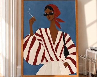 May include: A framed wall art print featuring a stylised illustration of a person wearing a red headscarf, black sunglasses, and a red and white striped long-sleeve top. The person is holding a lit cigarette against a solid blue background.