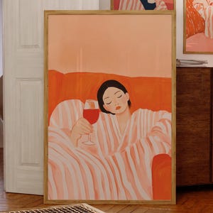 ワインを飲む女性のプリント、バーカートの装飾、モダンな抽象アートプリント、トレンディな壁アート、キッチンの壁の装飾、オレンジのストライププリント、印刷可能な壁アート