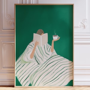 Emerald Green Woman Reading Wall Art Female Abstract Print Book & Coffee Print Trendy Reading Poster Contemporary Art Modern Decor Printable