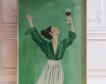 Arte de pared de mujer bailando verde esmeralda, impresión abstracta femenina, mujer con vino, arte de pared moderno, obra de arte contemporánea, decoración de pared moderna imprimible