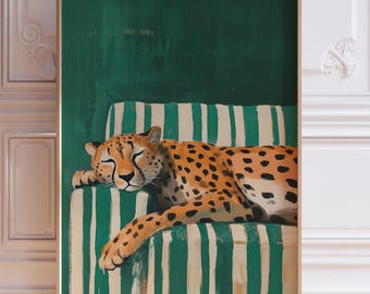 Sleepy Leopard Poster Cheetah Wall Art Maximalist Home Decor Emerald Green Modern Art Contemporary Art Trendy Leopard Print Printable Art