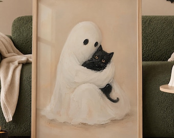 Estampado de fantasma adorable y gato negro, arte de pared de Halloween, decoración espeluznante y original, arte para amantes de los gatos de Halloween, decoración del hogar de Halloween, descarga digital.