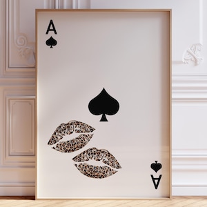 Arte murale con carte da gioco, labbra retrò alla moda con bacio, arte murale con leopardo, decorazione murale femminile, poster con carte asso, stampa estetica alla moda, stampa digitale