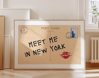 New York City Wall Art, Vintage Post Card Poster, Meet me in NYC Print, Retro Apartment Aesthetic, Trendy Horizontal Print, Digital Download
