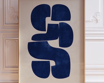Cuadro abstracto minimalista azul marino, decoración moderna de mediados de siglo, estampado de formas geométricas, arte contemporáneo, arte de pared de moda, arte imprimible
